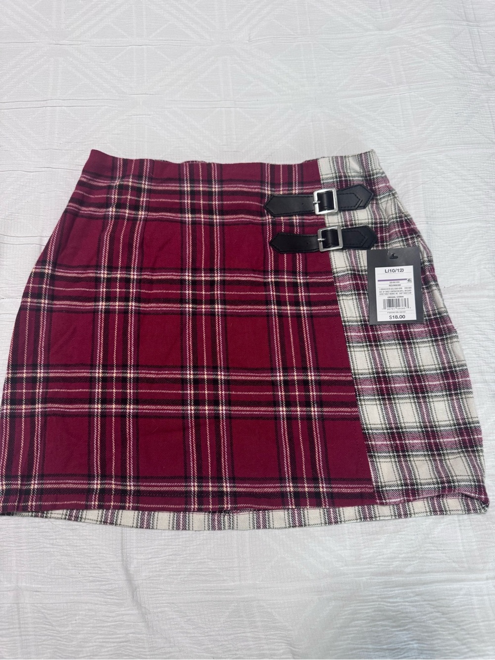 Girls Plaid Wrap Mini Skirt with Buckle Detail - Burgundy/White